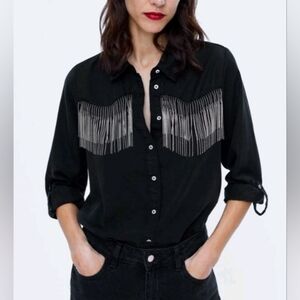 Zara Women’s Long-sleeve button up Silver Beaded fringe embellishment cowgirl M